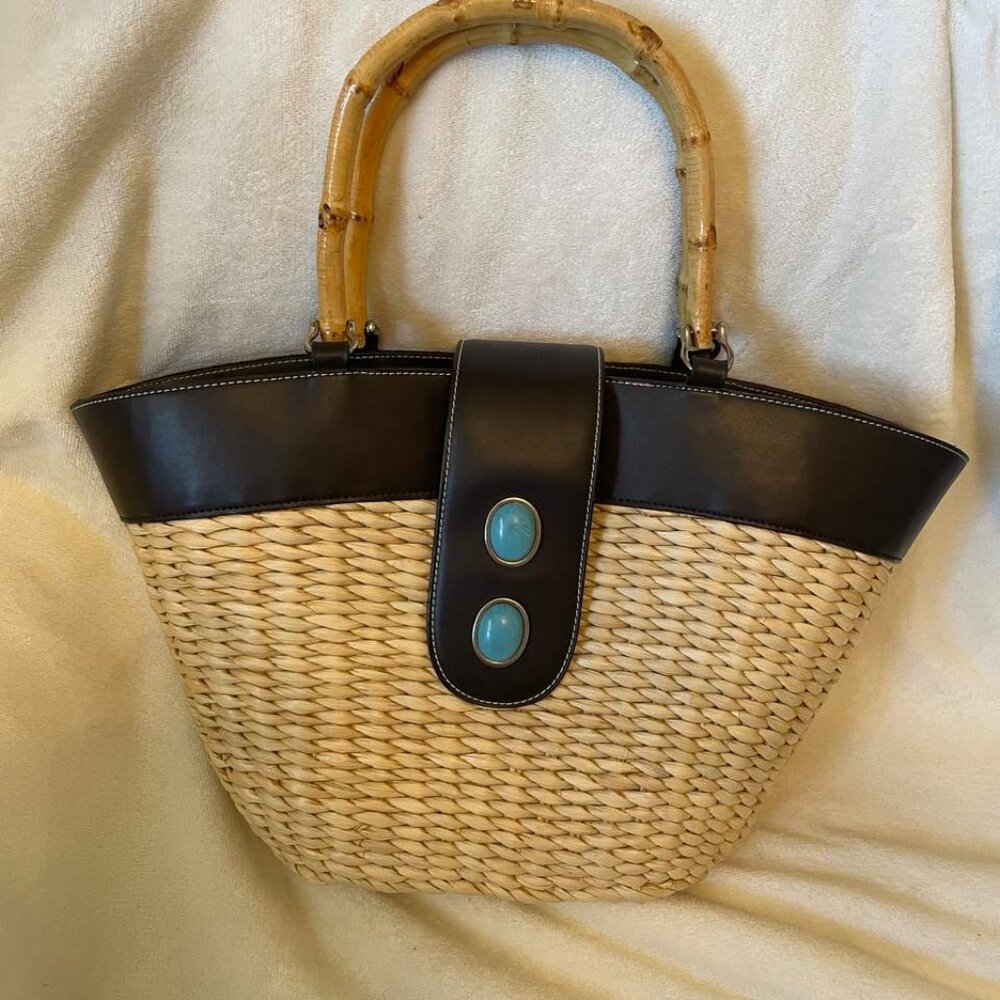 EUC Ann Taylor Loft Woven Basket Tote Handbag Brown Leather Bamboo Handle